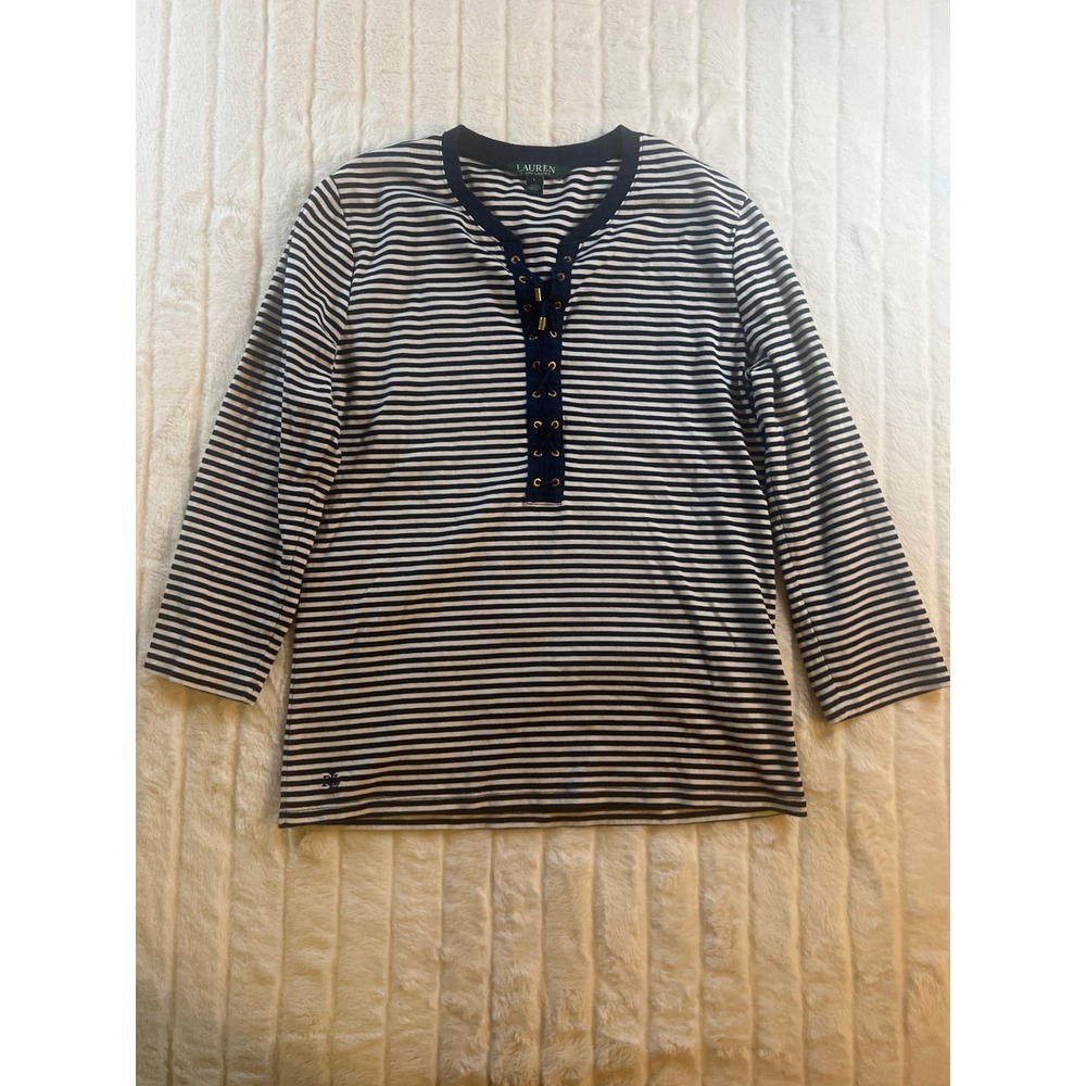 LAUREN Ralph‎ Lauren Striped Lace-Up V Neck 3/4 Sleeve Top Navy White